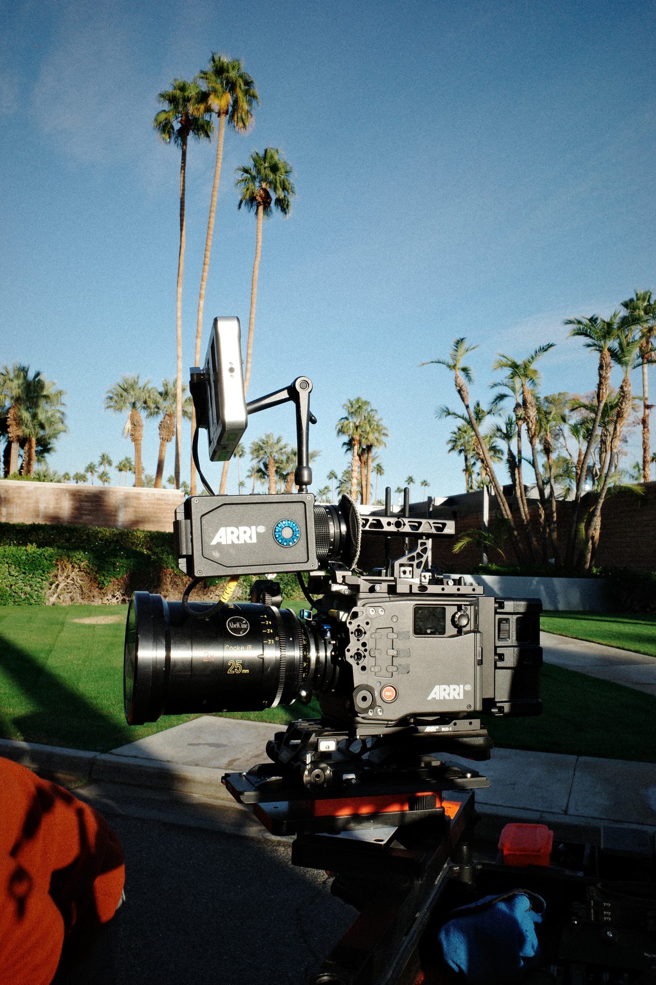 Cinema camera set against palm trees